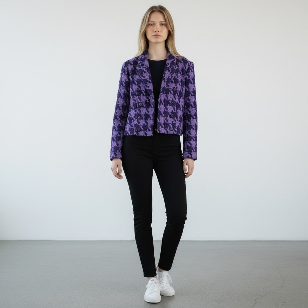NWT L'AGENCE Inez Purple Houndstooth Cropped Double Breasted Blazer Sz 4 Jacket